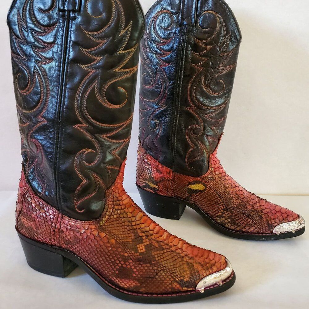 Cowboy python snakeskin boots painted orange green blue western rodeo dancing